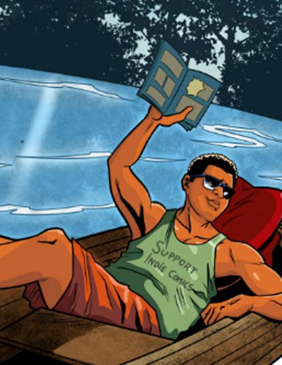 Illustration of a man on the water in a boat holding a comic book wearing a "Support Indie Comic" tank top.