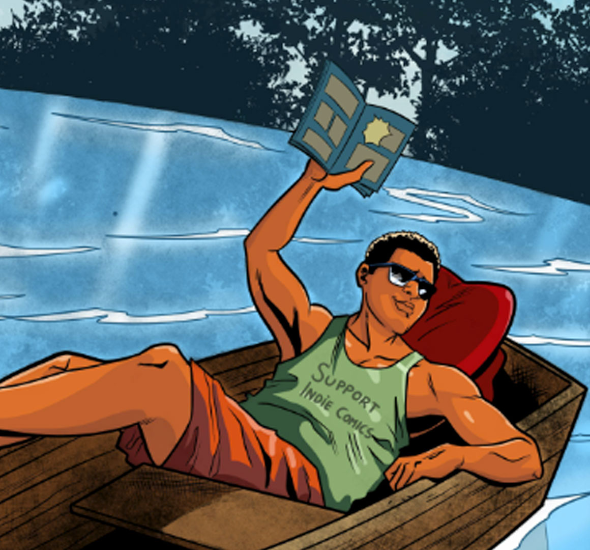 Illustration of a man on the water in a boat holding a comic book wearing a "Support Indie Comic" tank top.